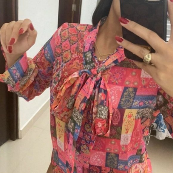 Boho Patchwork long Sleeve Tie Neck Blouse Multi color - Picture 7 of 10